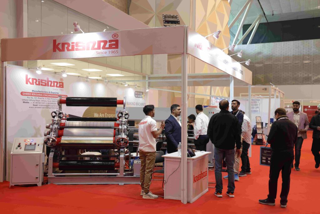 Corrugated packaging machinery display at Corru Pack Print India trade show