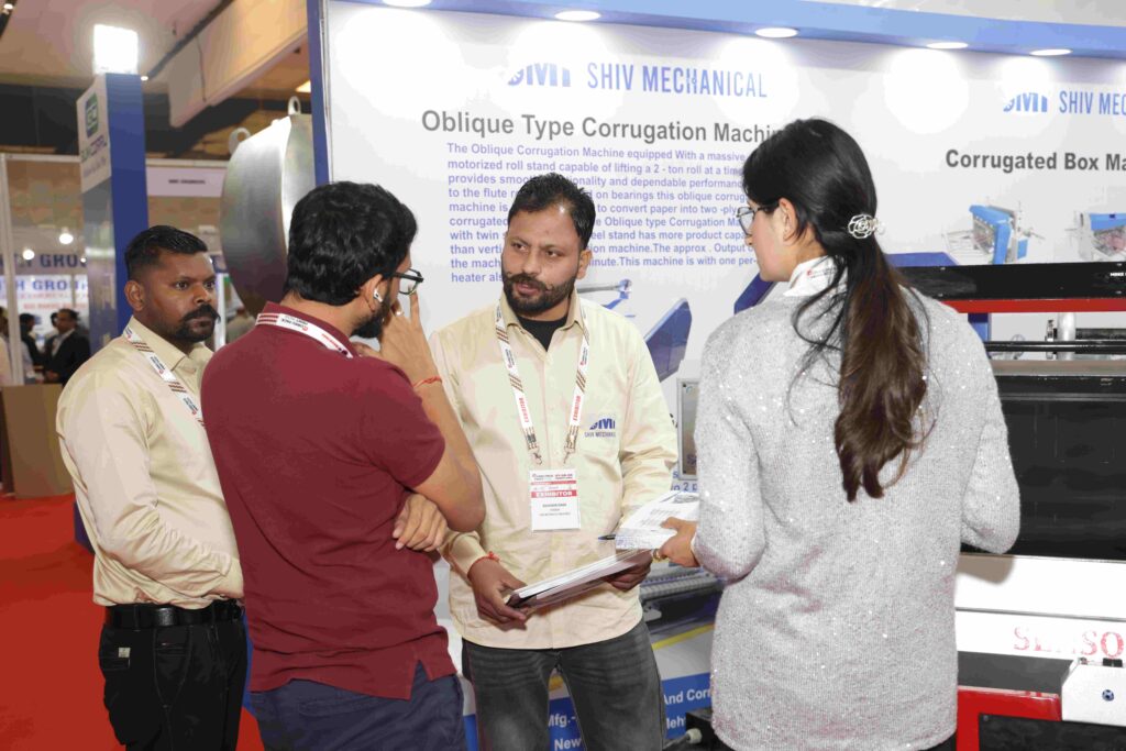 Exhibitors showcasing packaging solutions at Corru Pack Print India expo